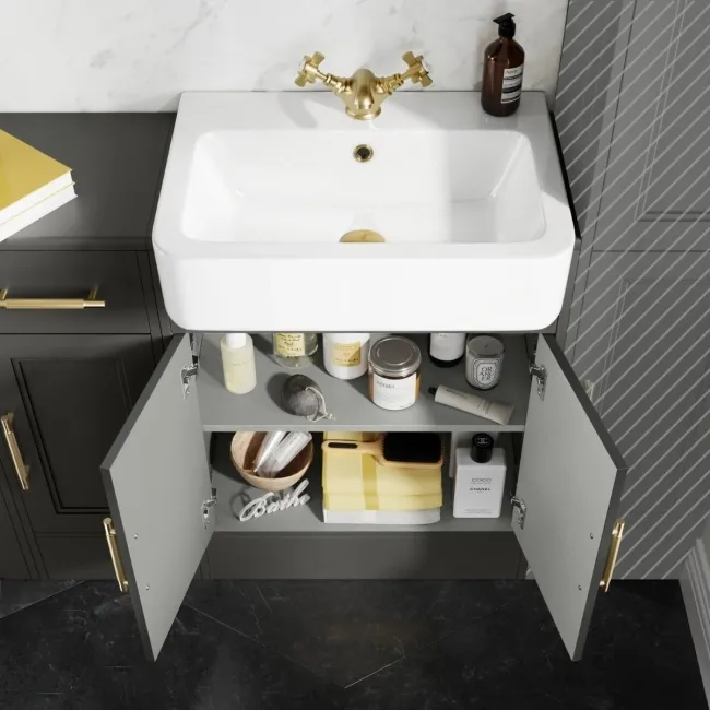 Monaco Graphite Grey Vanity Basin and Hudson Toilet with Wooden Seat 1500mm - Brass Knurled Handles