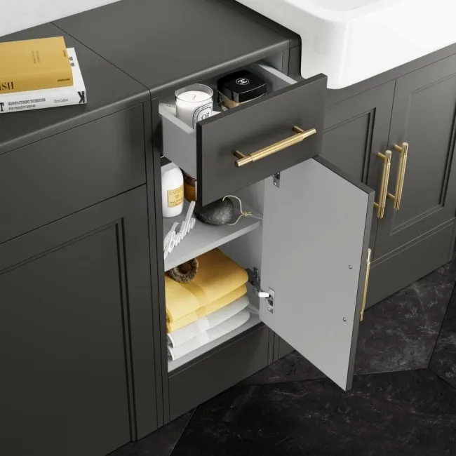 Monaco Graphite Grey Vanity Basin and Hudson Toilet with Wooden Seat 1500mm - Brass Knurled Handles