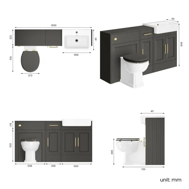 Monaco Graphite Grey Vanity Basin and Hudson Toilet with Wooden Seat 1500mm - Brass Knurled Handles