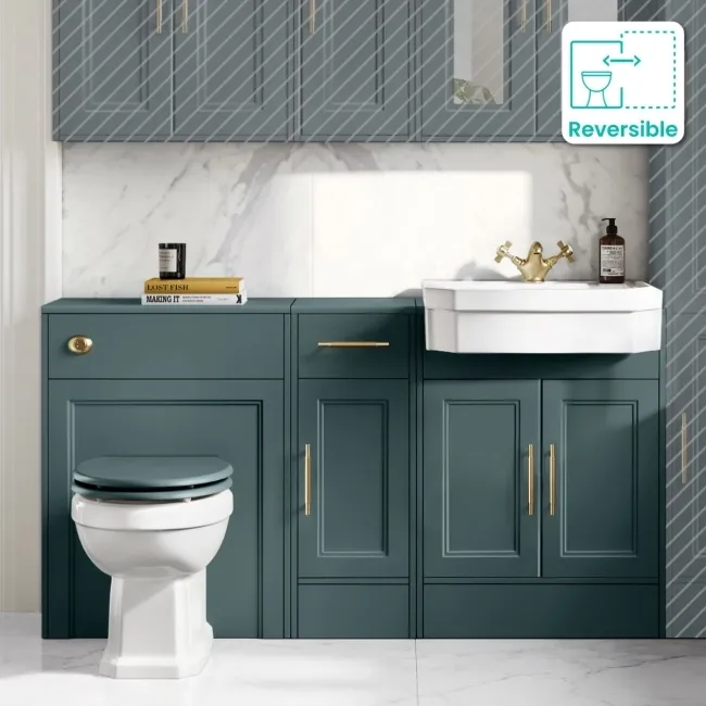 Monaco Midnight Green Vanity Traditional Basin and Hudson Toilet 1500mm - Knurled Handles