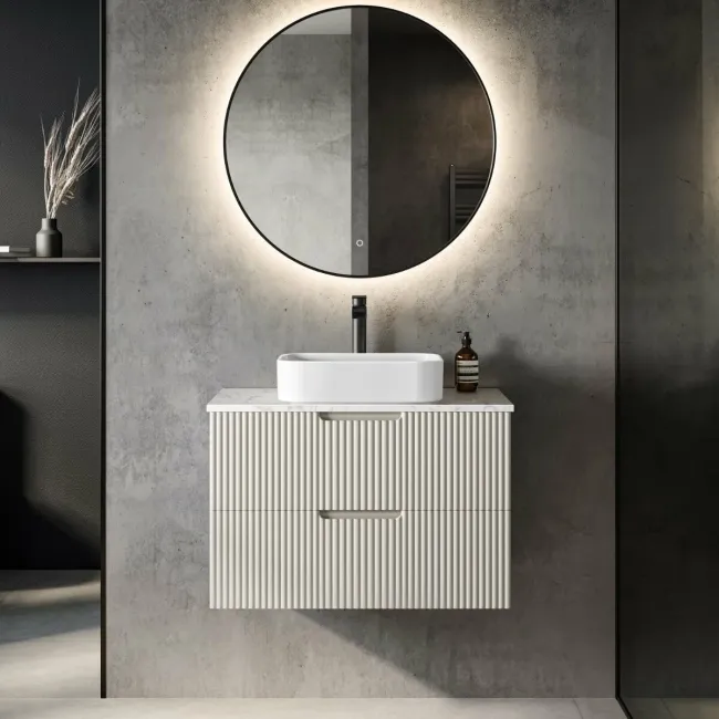 Crete Fluted Linen White Wall Hung Drawer Vanity with Marble Top & Marin Basin 800mm