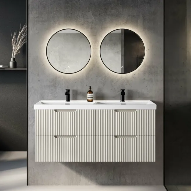 Crete Fluted Linen White Wall Hung Double Basin Drawer Vanity 1200mm