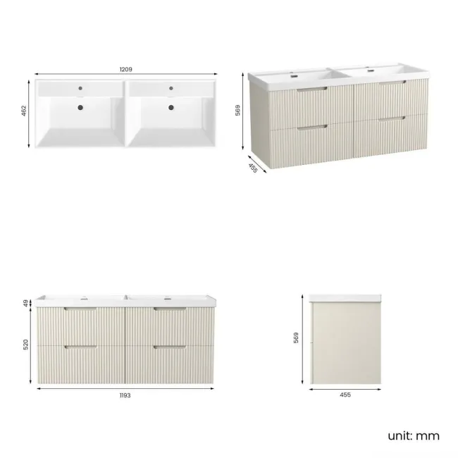 Crete Fluted Linen White Wall Hung Double Basin Drawer Vanity 1200mm
