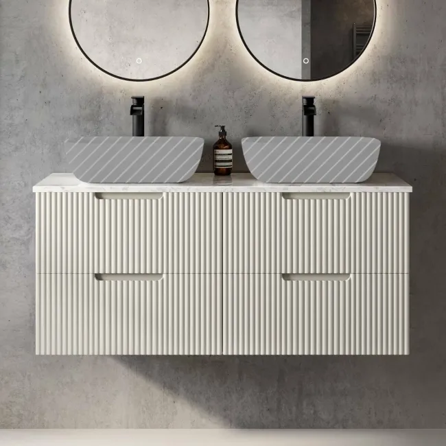 Crete Fluted Linen White Double Wall Hung Vanity Marble Top 1200mm - Excludes Counter Top Basin
