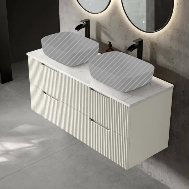 Crete Fluted Linen White Double Wall Hung Vanity Marble Top 1200mm - Excludes Counter Top Basin