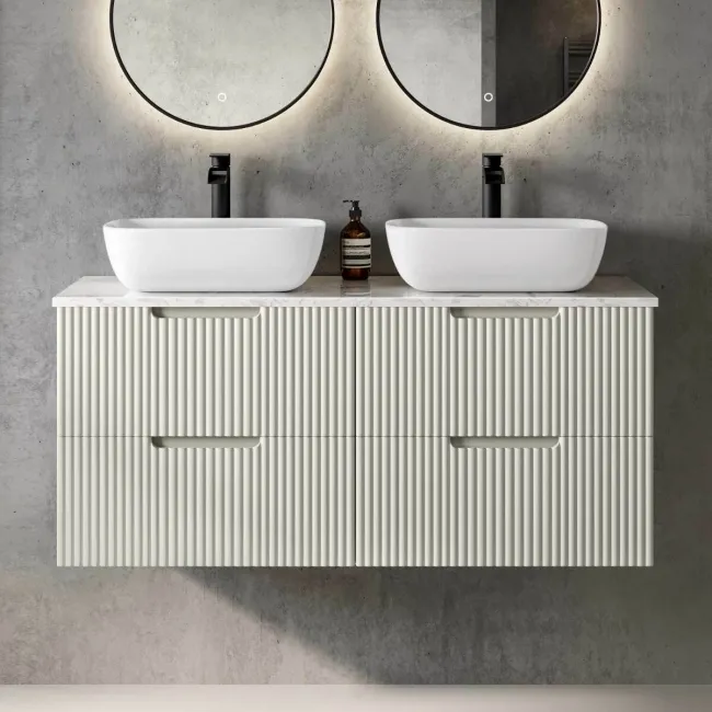 Crete Fluted Linen White Double Wall Hung Drawer Vanity with Marble Top & Curved Basin 1200mm