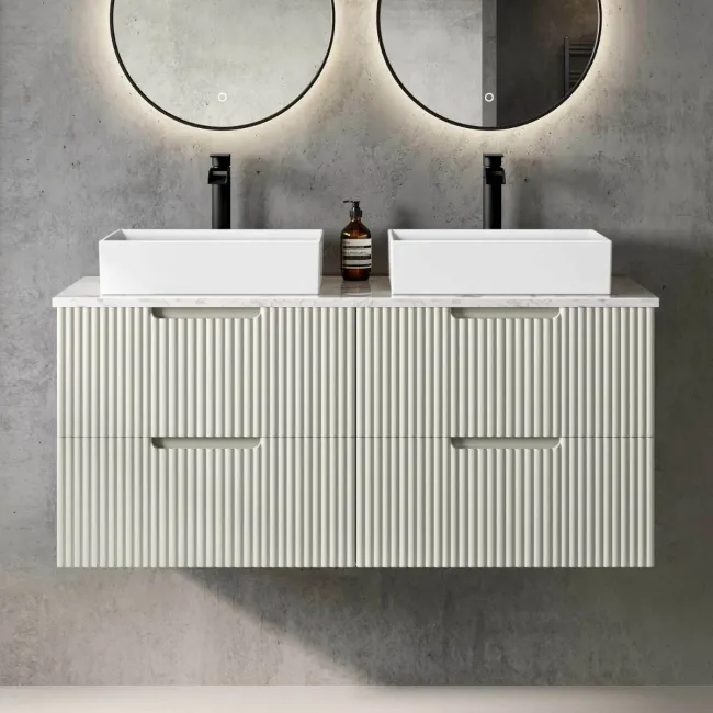 Crete Fluted Linen White Double Wall Hung Drawer Vanity with Marble Top & Cody Basin 1200mm