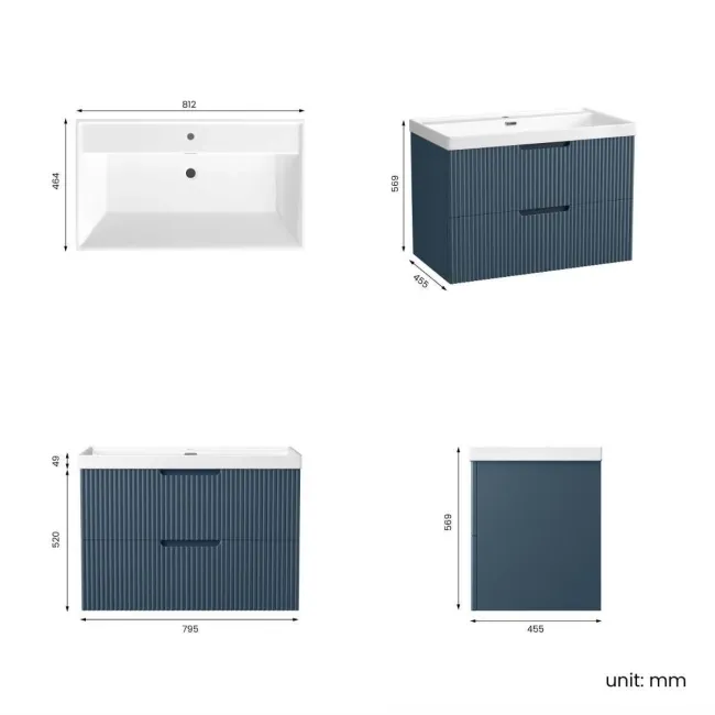 Crete Fluted Navy Blue Wall Hung Basin Drawer Vanity 800mm