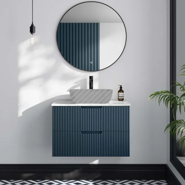 Crete Fluted Navy Blue Wall Hung Drawer Vanity with Marble Top 800mm - Excludes Counter Top Basin