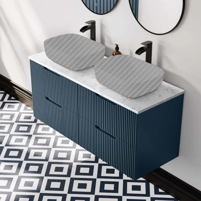 Crete Fluted Navy Blue Double Wall Hung Vanity Marble Top 1200mm - Excludes Counter Top Basin