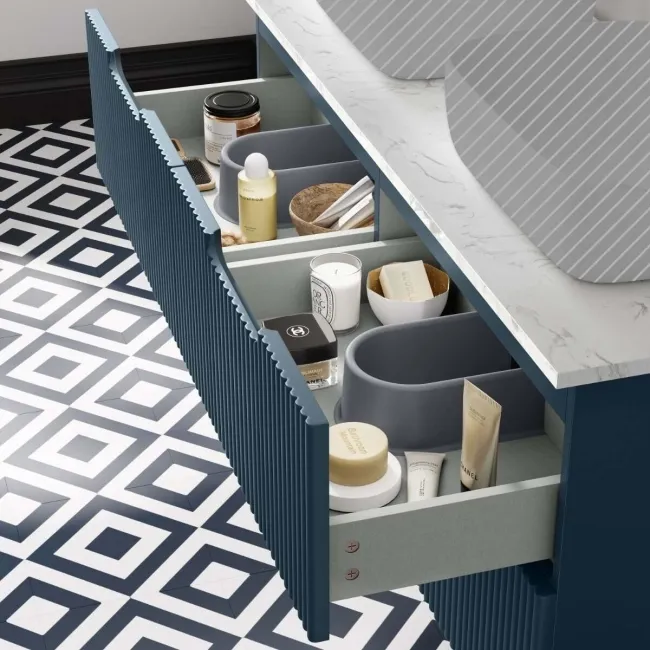 Crete Fluted Navy Blue Double Wall Hung Vanity Marble Top 1200mm - Excludes Counter Top Basin