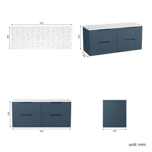 Crete Fluted Navy Blue Double Wall Hung Vanity Marble Top 1200mm - Excludes Counter Top Basin