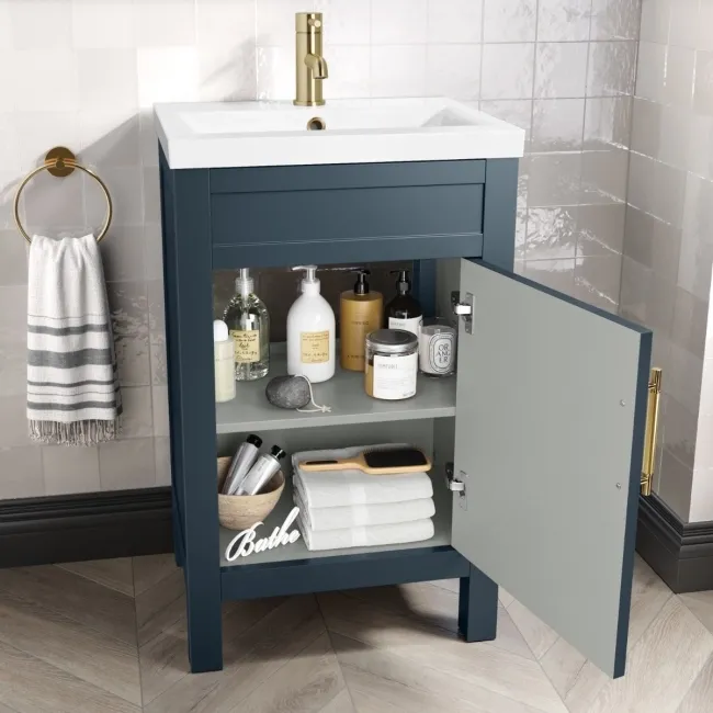 Bermuda Inky Blue Basin Vanity 500mm - Brass Knurled Handles