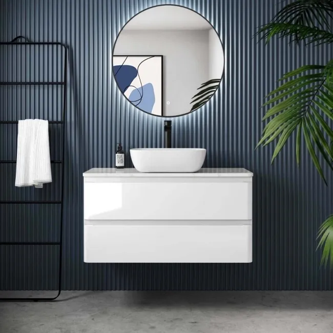 Corsica Gloss White Vanity Drawer with Marble Top & Curved Counter Top Basin 1000mm