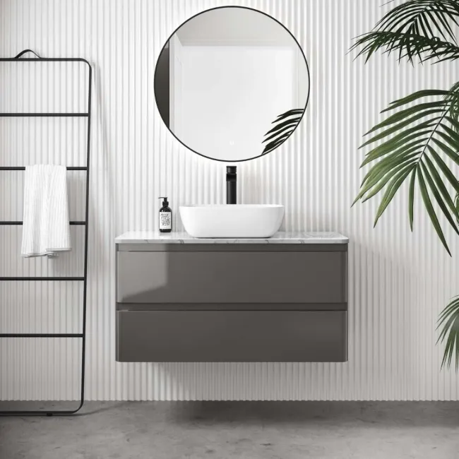 Corsica Tungsten Grey Vanity Drawer with Marble Top & Curved Counter Top Basin 1000mm