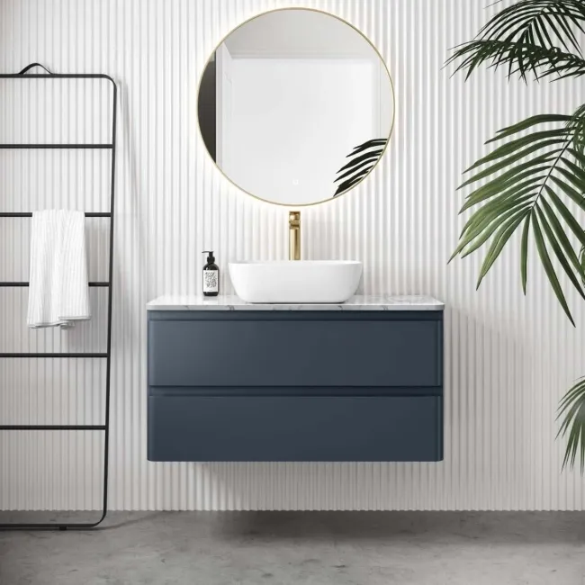 Corsica Inky Blue Vanity Drawer with Marble Top & Curved Counter Top Basin 1000mm