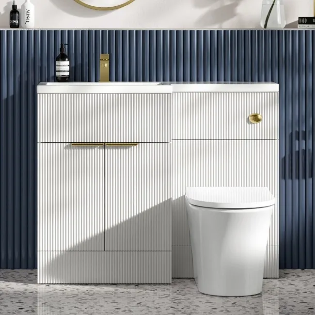 Havana Fluted Coastal White Vanity Basin and Tucson Toilet 1100mm - Brushed Brass Accents - Left