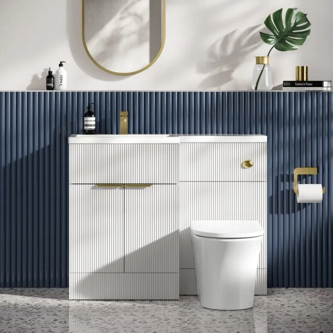 Havana Fluted Coastal White Vanity Basin and Tucson Toilet 1100mm - Brushed Brass Accents - Left