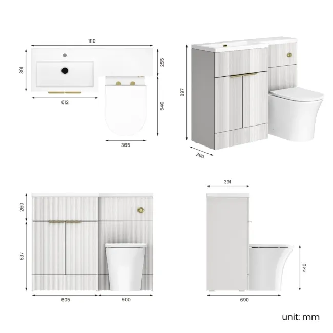 Havana Fluted Coastal White Vanity Basin and Tucson Toilet 1100mm - Brushed Brass Accents - Left
