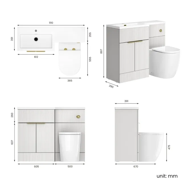 Havana Fluted Coastal White Vanity Basin and Utah Comfort Height Toilet 1100mm Brass Accents - Left