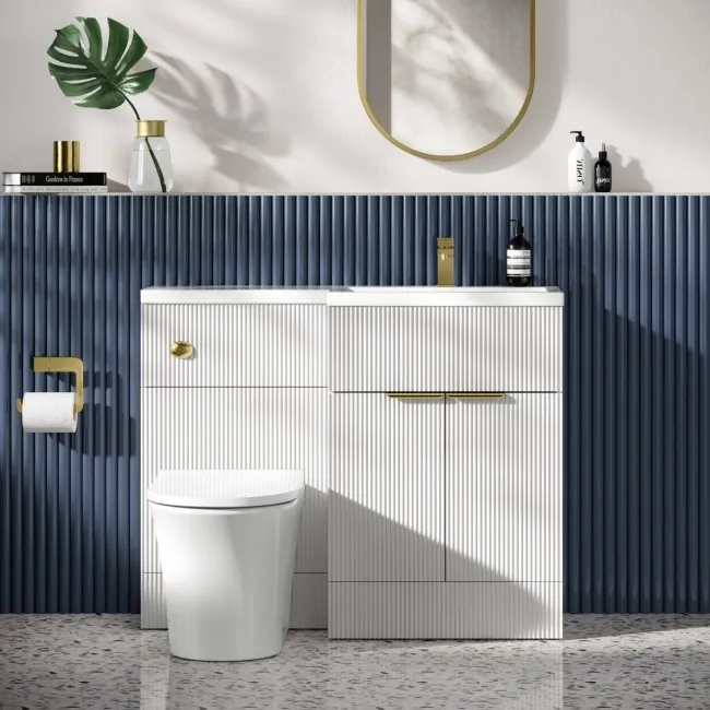 Havana Fluted Coastal White Vanity Basin and Tucson Toilet 1100mm - Brushed Brass Accents - Right