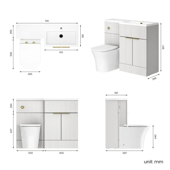 Havana Fluted Coastal White Vanity Basin and Tucson Toilet 1100mm - Brushed Brass Accents - Right