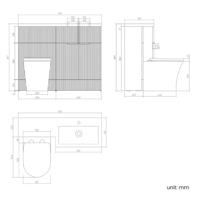 Havana Fluted Coastal White Vanity Basin and Tucson Toilet 1100mm - Brushed Brass Accents - Right