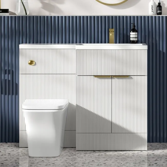 Havana Fluted Coastal White Vanity Basin and Houston Toilet 1100mm - Brushed Brass Accents - Right