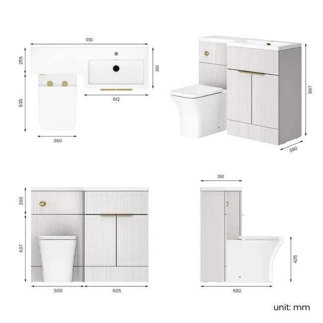Havana Fluted Coastal White Vanity Basin and Houston Toilet 1100mm - Brushed Brass Accents - Right