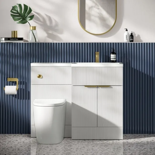 Havana Fluted Coastal White Vanity Basin and Utah Comfort Toilet 1100mm Brass Accents - Right