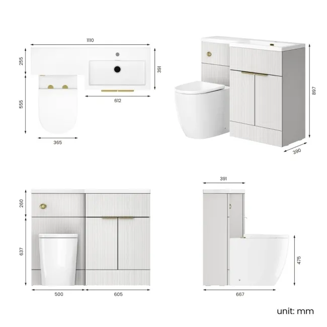 Havana Fluted Coastal White Vanity Basin and Utah Comfort Toilet 1100mm Brass Accents - Right