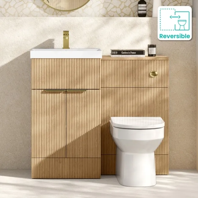 Havana Fluted Country Oak Combination Vanity Basin and Miami Toilet 1000mm - Brushed Brass Accents