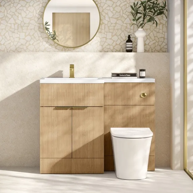 Havana Fluted Country Oak Vanity Basin and Tucson Toilet 1100mm - Brass Accents - Left Handed