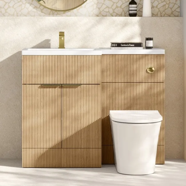 Havana Fluted Country Oak Vanity Basin and Tucson Toilet 1100mm - Brass Accents - Left Handed