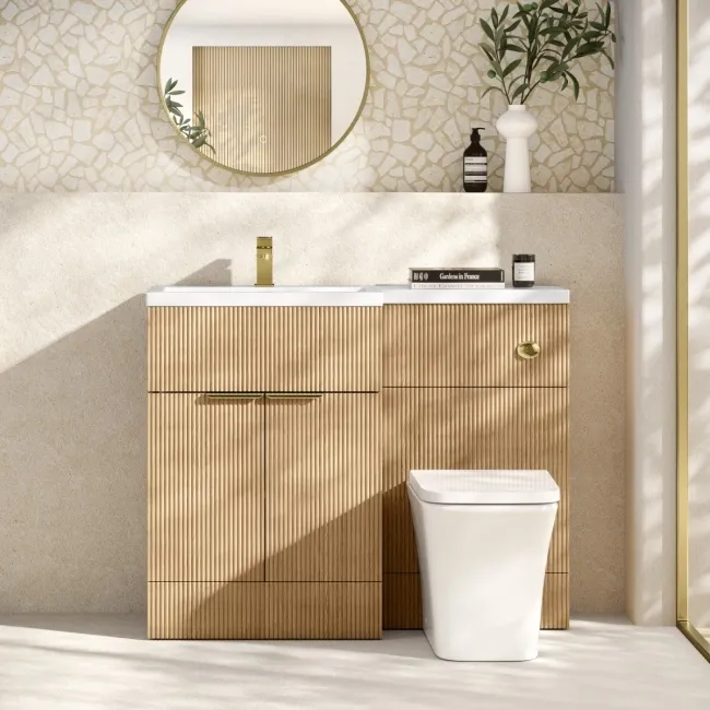 Havana Fluted Country Oak Vanity Basin and Houston Toilet 1100mm - Brass Accents - Left Handed