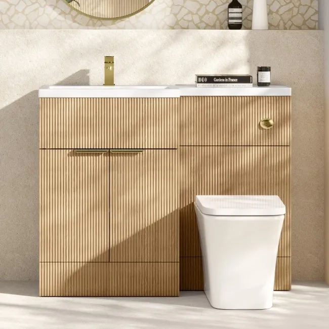 Havana Fluted Country Oak Vanity Basin and Houston Toilet 1100mm - Brass Accents - Left Handed