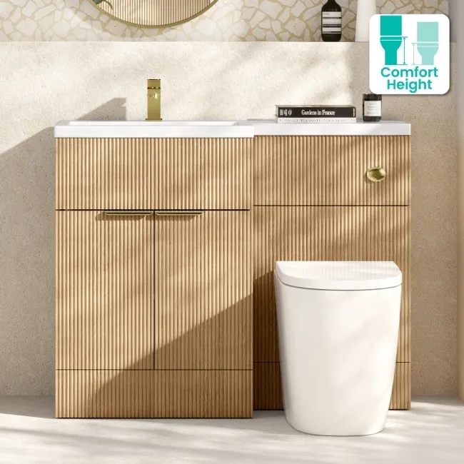 Havana Fluted Country Oak Vanity Basin and Utah Comfort Height Toilet 1100mm - Brass Accents - Left