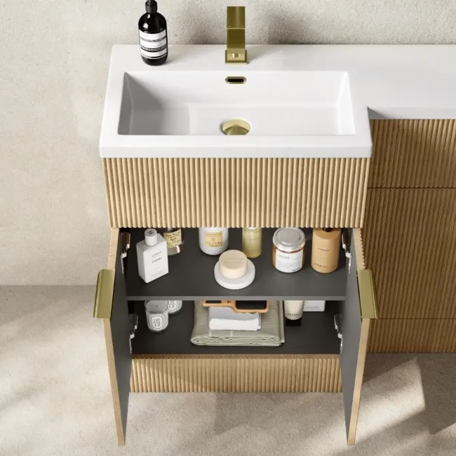 Havana Fluted Country Oak Vanity Basin and Utah Comfort Height Toilet 1100mm - Brass Accents - Left