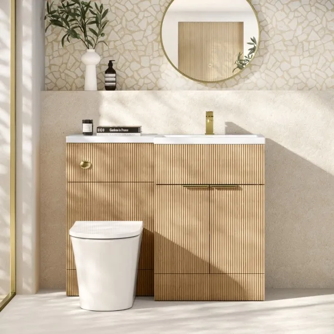 Havana Fluted Country Oak Vanity Basin and Tucson Toilet 1100mm - Brass Accents - Right Handed