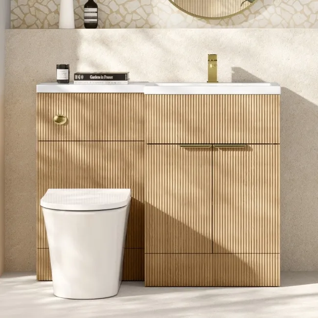 Havana Fluted Country Oak Vanity Basin and Tucson Toilet 1100mm - Brass Accents - Right Handed