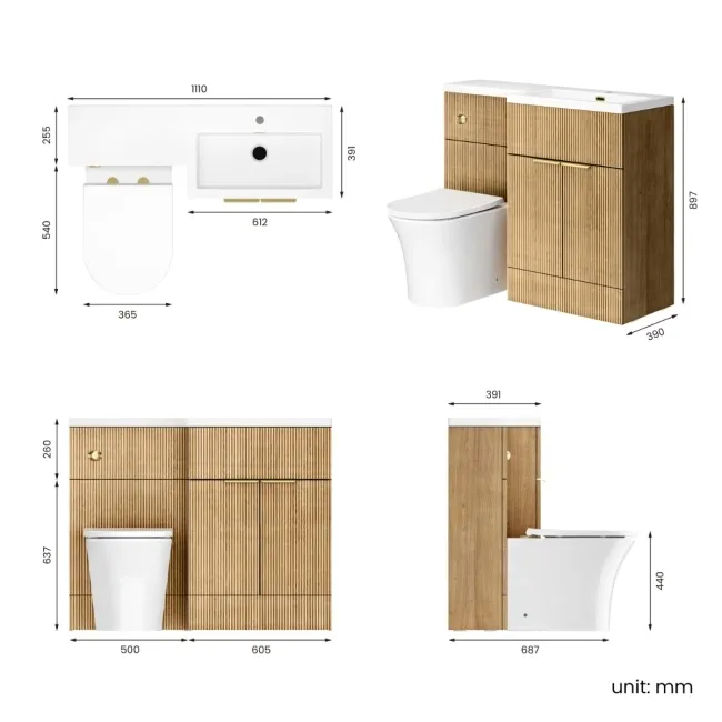 Havana Fluted Country Oak Vanity Basin and Tucson Toilet 1100mm - Brass Accents - Right Handed