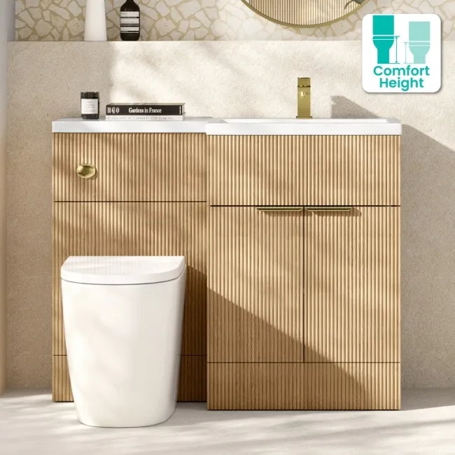 Havana Fluted Country Oak Vanity Basin and Utah Comfort Height Toilet 1100mm Brass Accents - Right