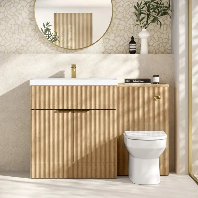 Havana Fluted Country Oak Combination Vanity Basin and Miami Toilet 1300mm - Brushed Brass Accents
