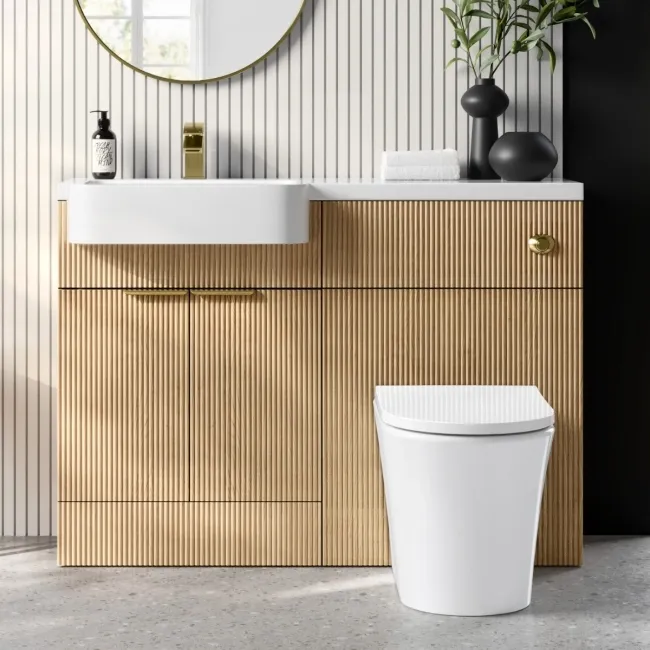 Sicily Fluted Country Oak Vanity Basin and Tucson Toilet 1200mm - Brass Accents - Left Handed