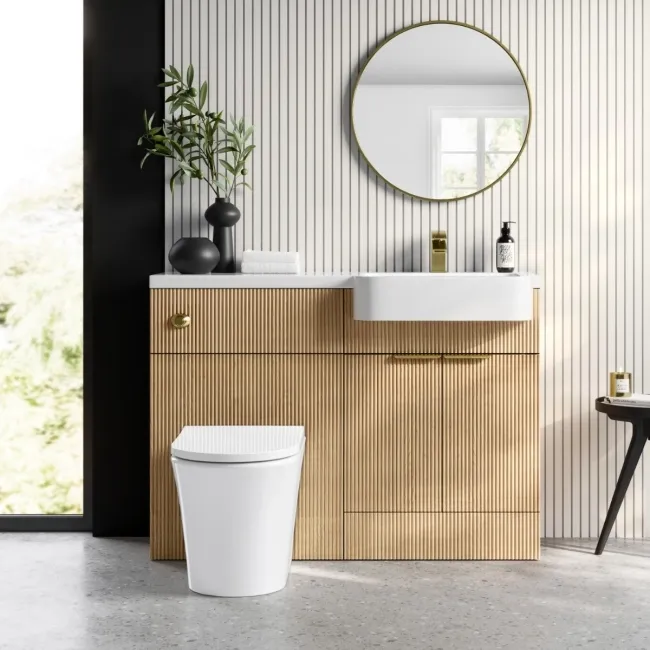 Sicily Fluted Country Oak Vanity Basin and Tucson Toilet 1200mm - Brass Accents - Right Handed