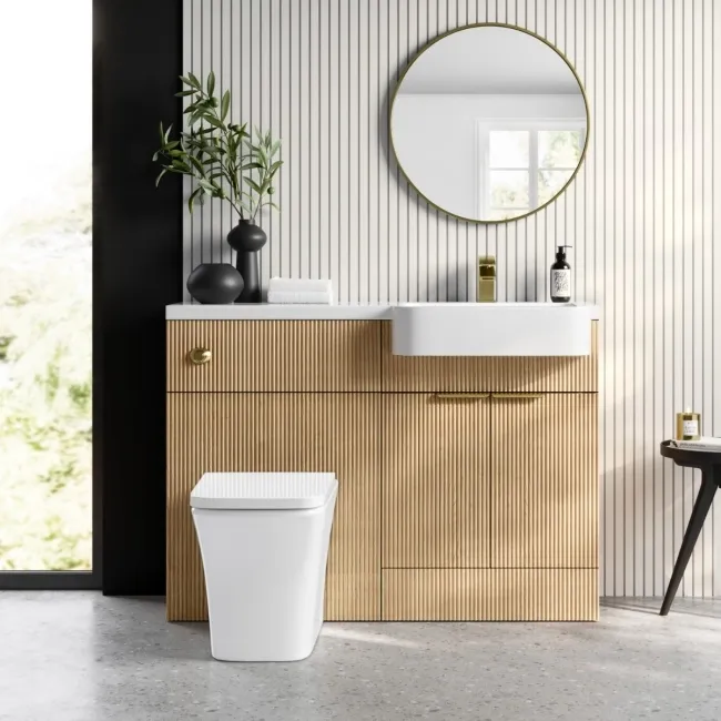 Sicily Fluted Country Oak Vanity Basin and Houston Toilet 1200mm - Brass Accents - Right Handed