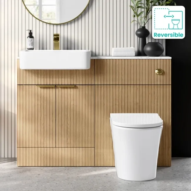Sicily Fluted Country Oak Vanity Basin with Marble Top & Tucson Toilet 1200mm - Brass Accents