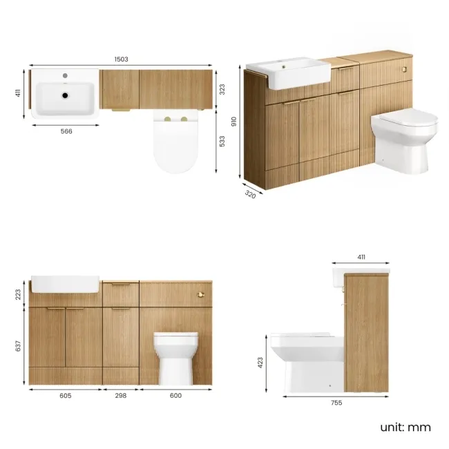 Sicily Fluted Country Oak Combination Vanity Basin and Miami Toilet 1500mm - Brushed Brass Accents