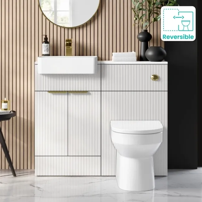Sicily Fluted Coastal White Combination Vanity Basin and Miami Toilet 1000mm - Brushed Brass Accents