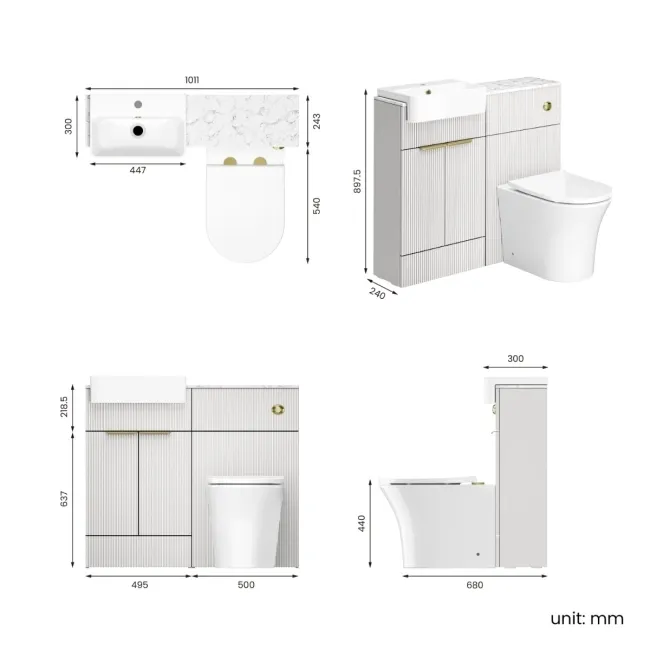 Sicily Fluted Coastal White Vanity Basin with Marble Top & Tucson Toilet 1000mm - Brass Accents